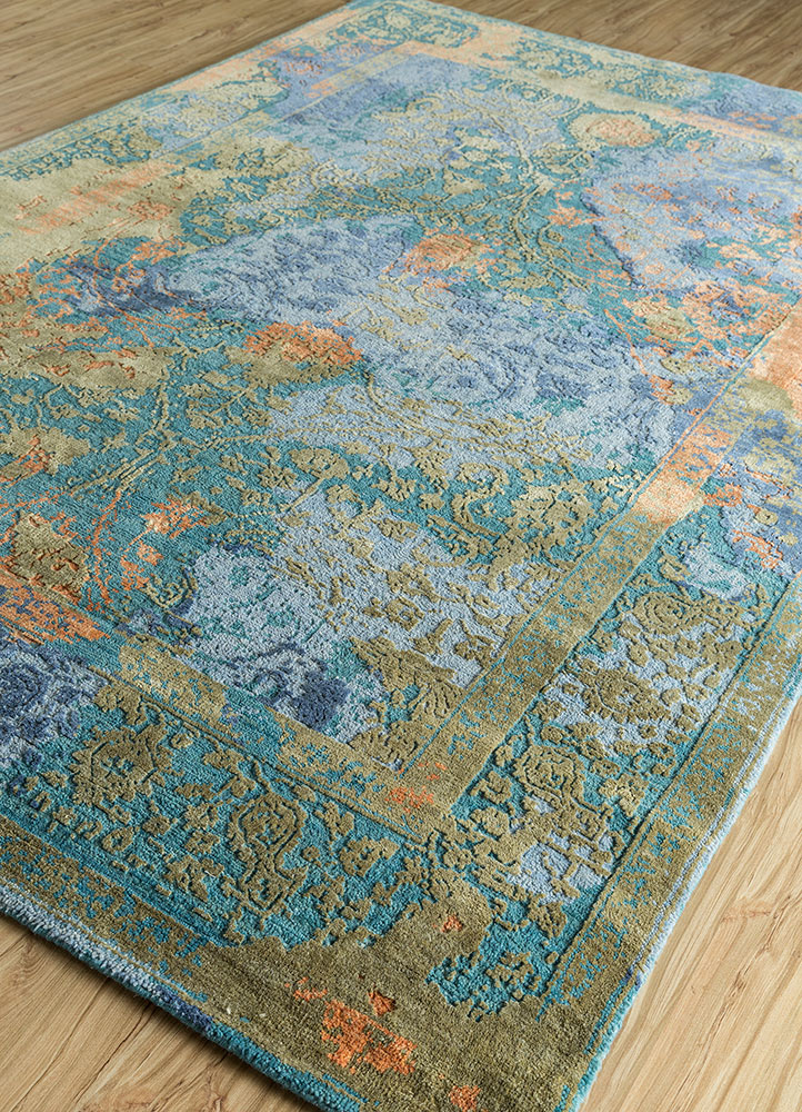 far east green wool and silk Hand Knotted Rug - FloorShot