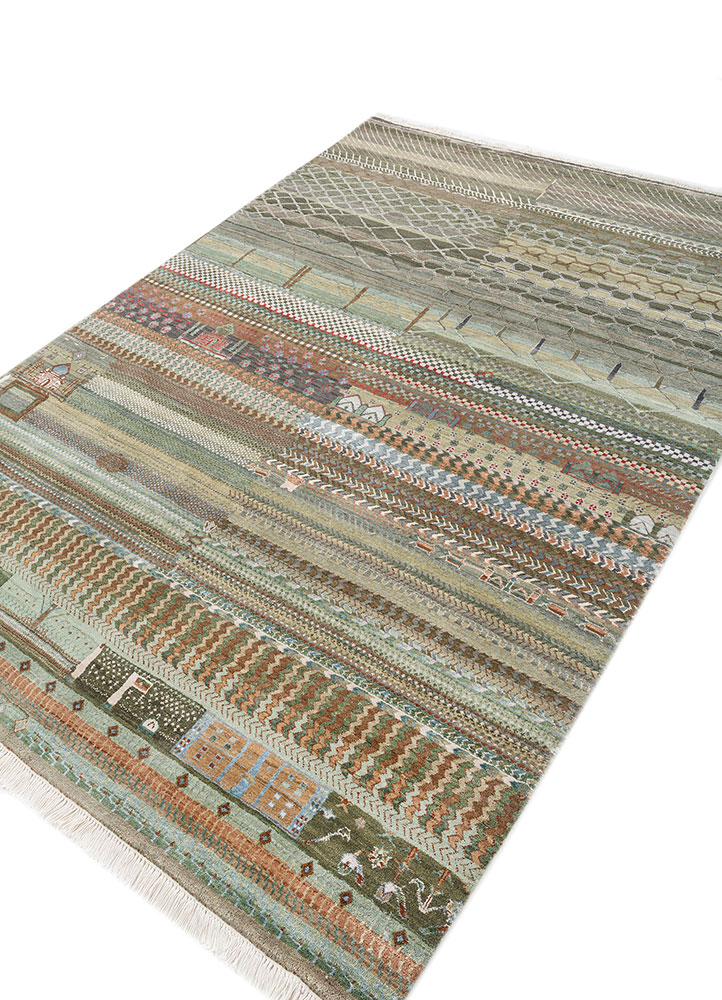 manchaha green wool and silk Hand Knotted Rug - FloorShot