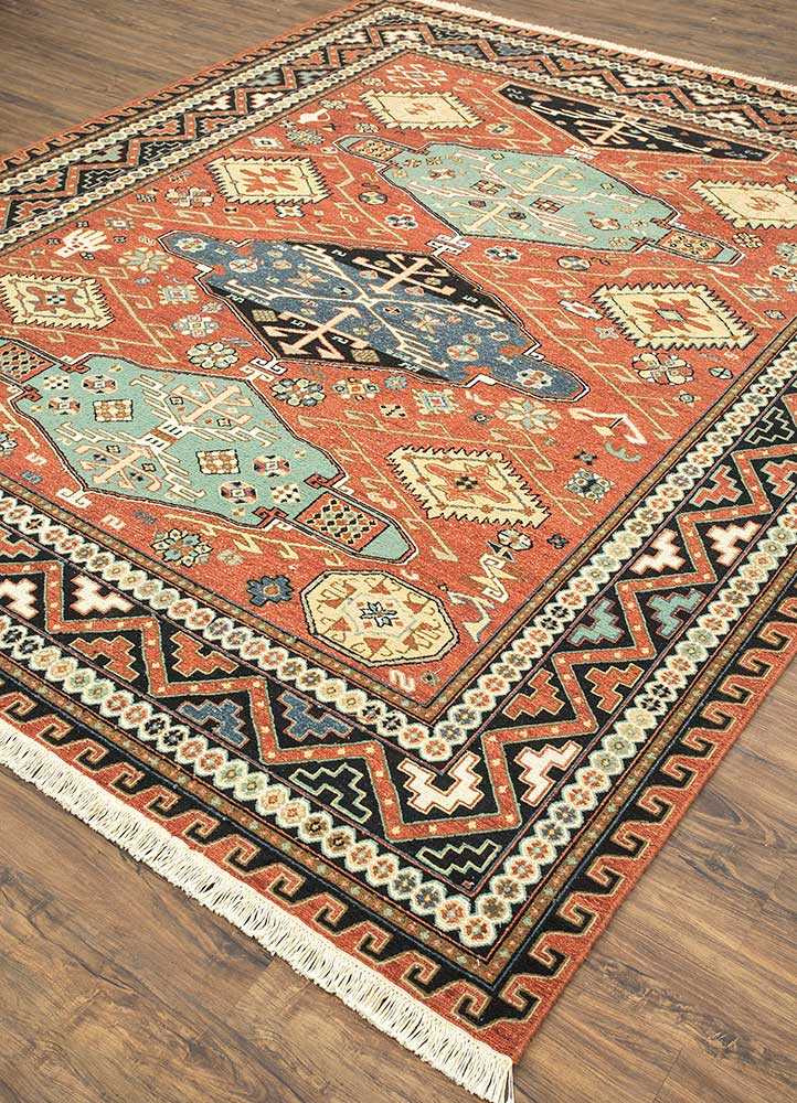 savana red and orange wool Hand Knotted Rug - FloorShot