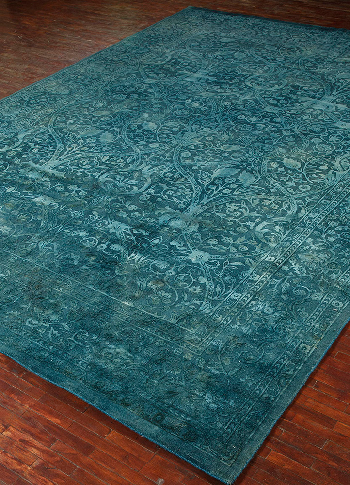 far east blue wool and silk Hand Knotted Rug - FloorShot