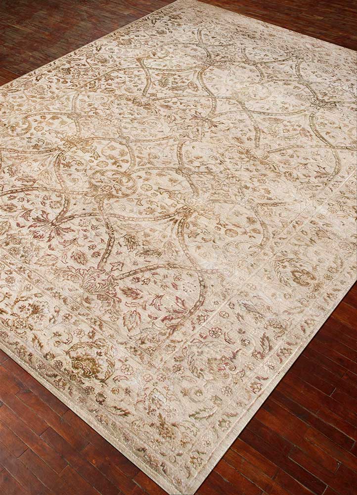 far east beige and brown wool and silk Hand Knotted Rug - FloorShot