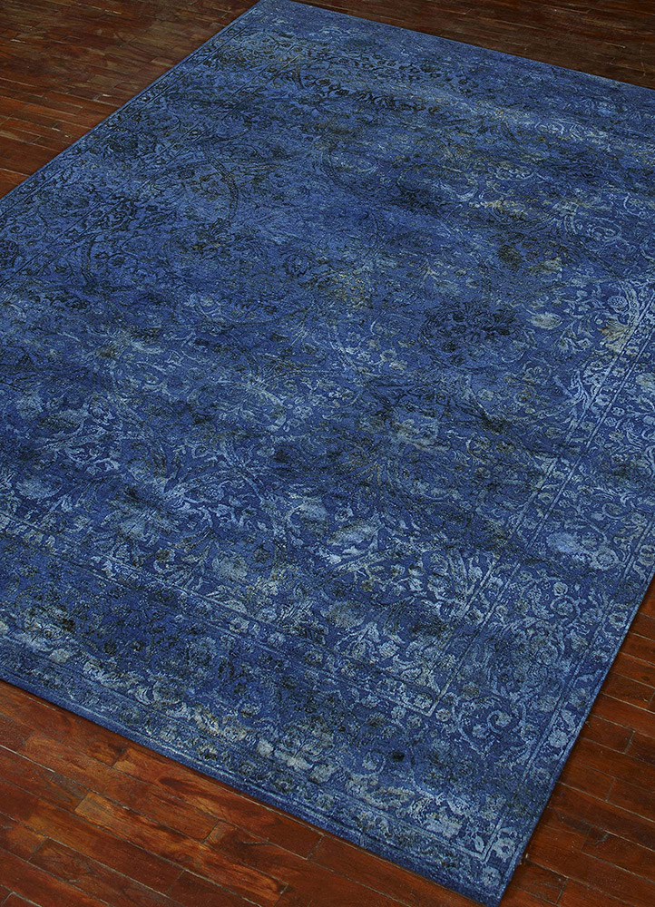 far east blue wool and silk Hand Knotted Rug - FloorShot