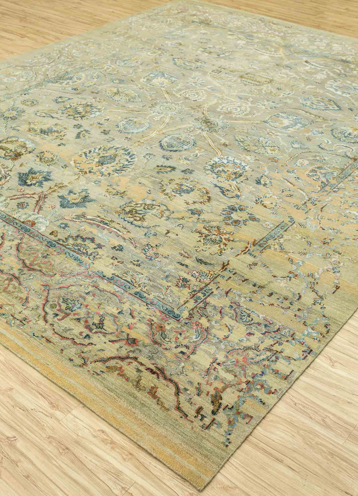 far east beige and brown wool and silk Hand Knotted Rug - FloorShot