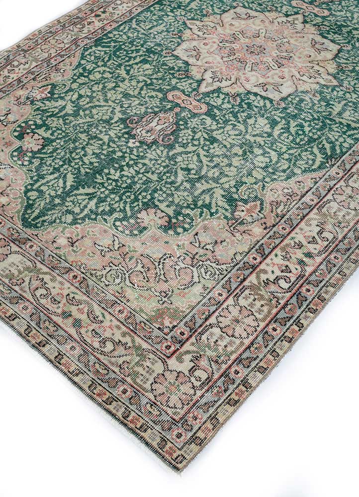 vintage green wool Hand Knotted Rug - FloorShot