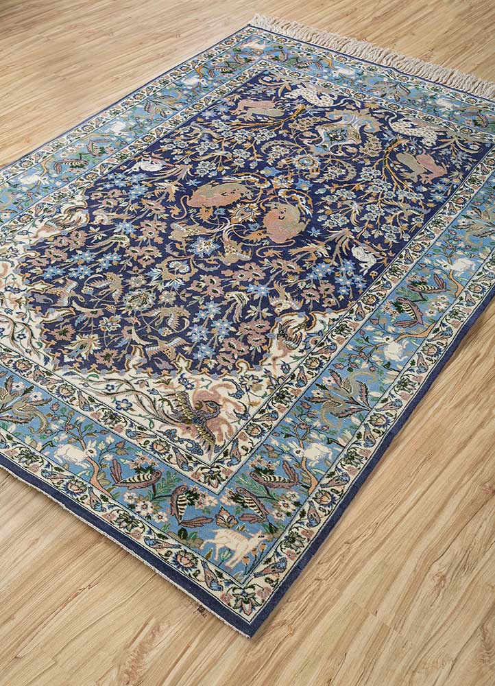 aalam blue wool Hand Knotted Rug - FloorShot