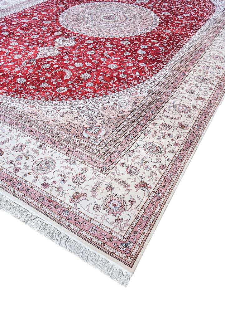 aalam red and orange silk Hand Knotted Rug - FloorShot