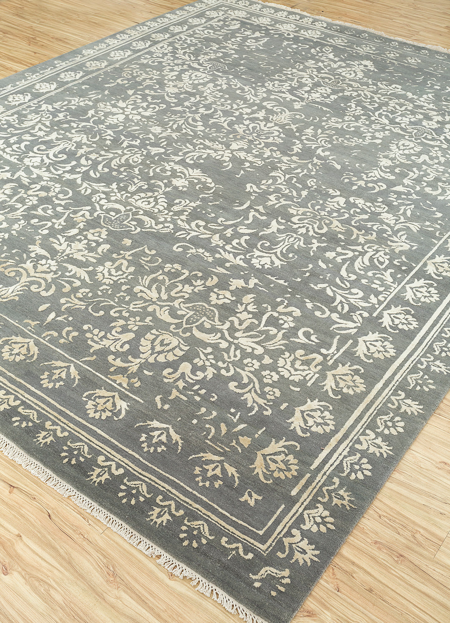 far east grey and black wool and silk Hand Knotted Rug - FloorShot