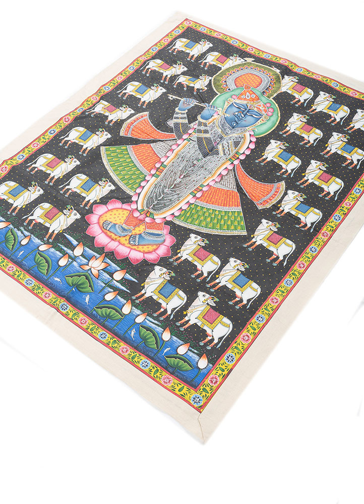 pichwai art grey and black cotton cloth ART WORK Rug - FloorShot pichwai art grey and black cotton cloth ART WORK Rug - FloorShot