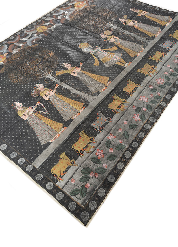pichwai art grey and black cotton cloth ART WORK Rug - FloorShot