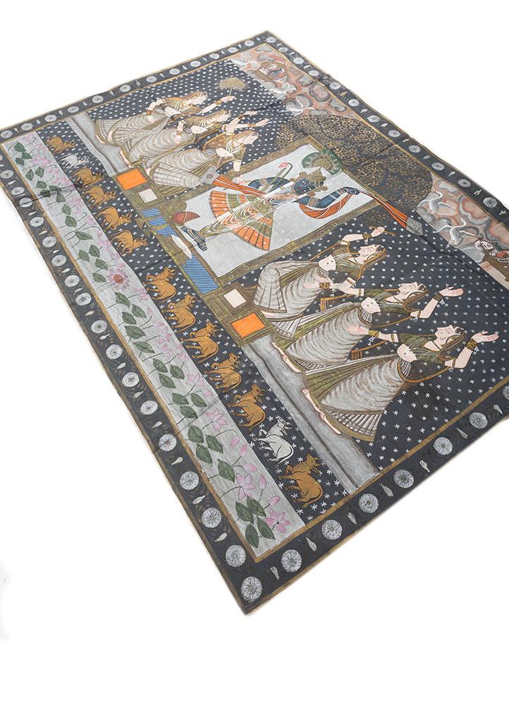 pichwai art grey and black cotton cloth ART WORK Rug - FloorShot