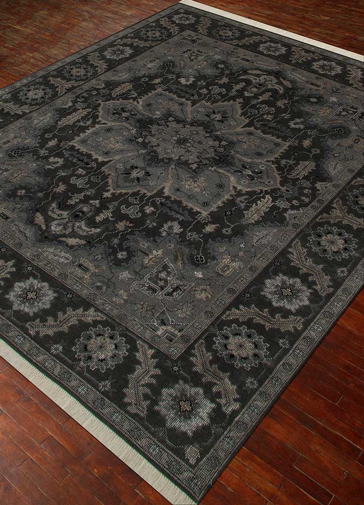 savana grey and black wool and silk Hand Knotted Rug - FloorShot