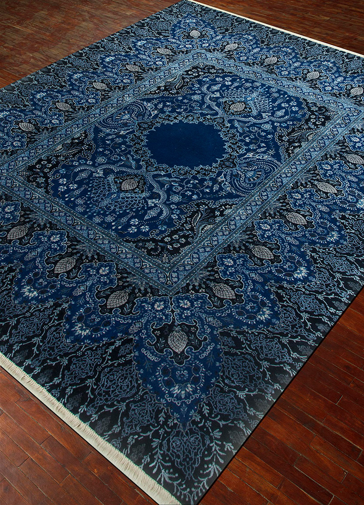 aurora blue wool and silk Hand Knotted Rug - FloorShot