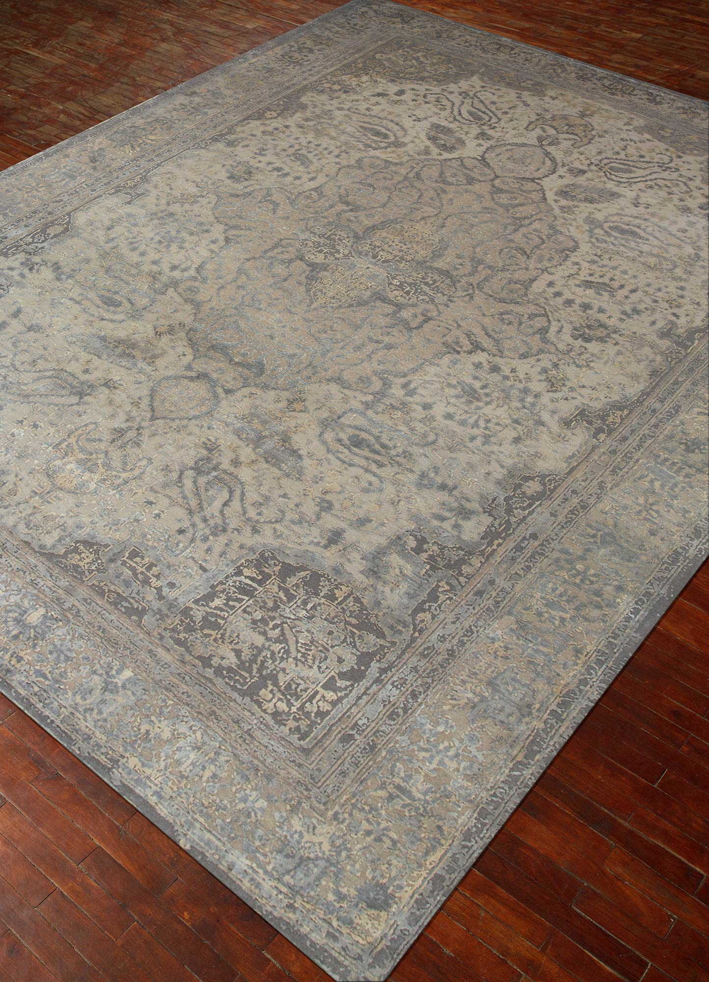 free verse by kavi beige and brown wool and silk Hand Knotted Rug - FloorShot