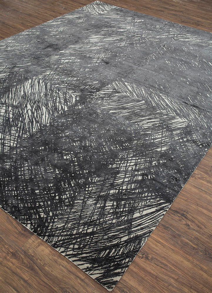 free verse by kavi grey and black wool and silk Hand Knotted Rug - FloorShot