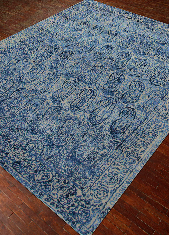 free verse by kavi blue wool and silk Hand Knotted Rug - FloorShot