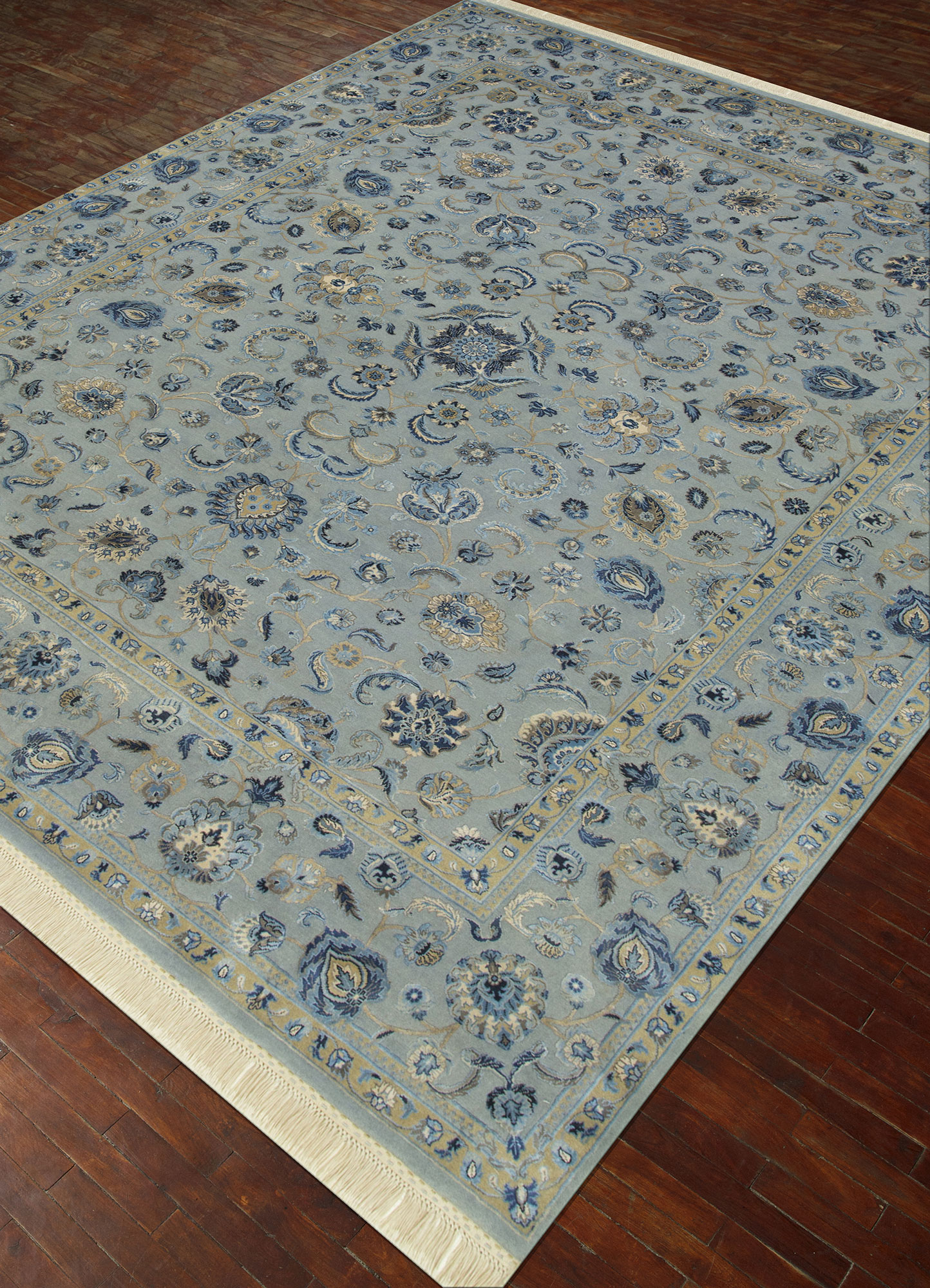 aurora blue wool and silk Hand Knotted Rug - FloorShot