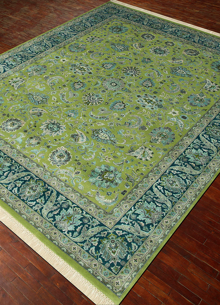 aurora green wool and silk Hand Knotted Rug - FloorShot