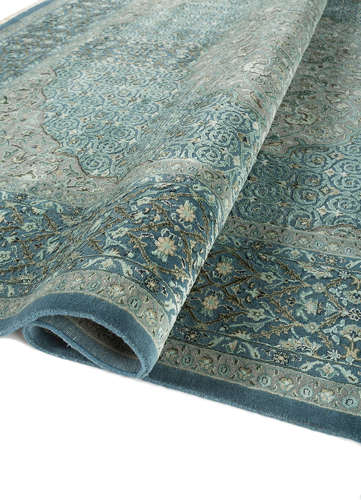 aprezo blue wool and silk Hand Knotted Rug - FloorShot