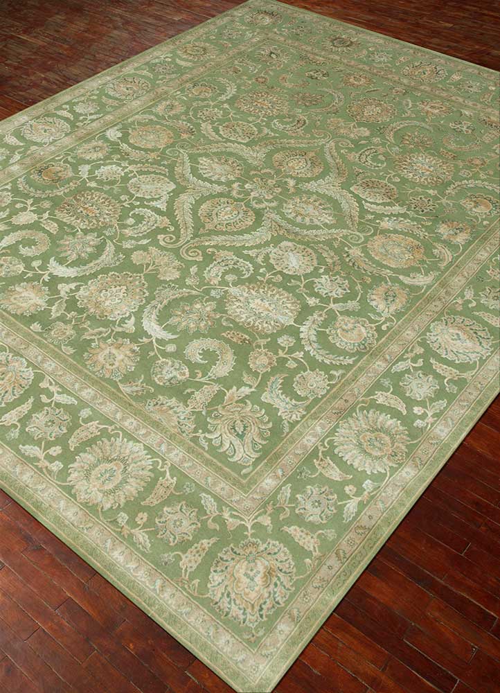 aurora green wool and silk Hand Knotted Rug - FloorShot