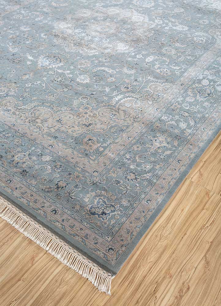 aurora blue wool and silk Hand Knotted Rug - FloorShot