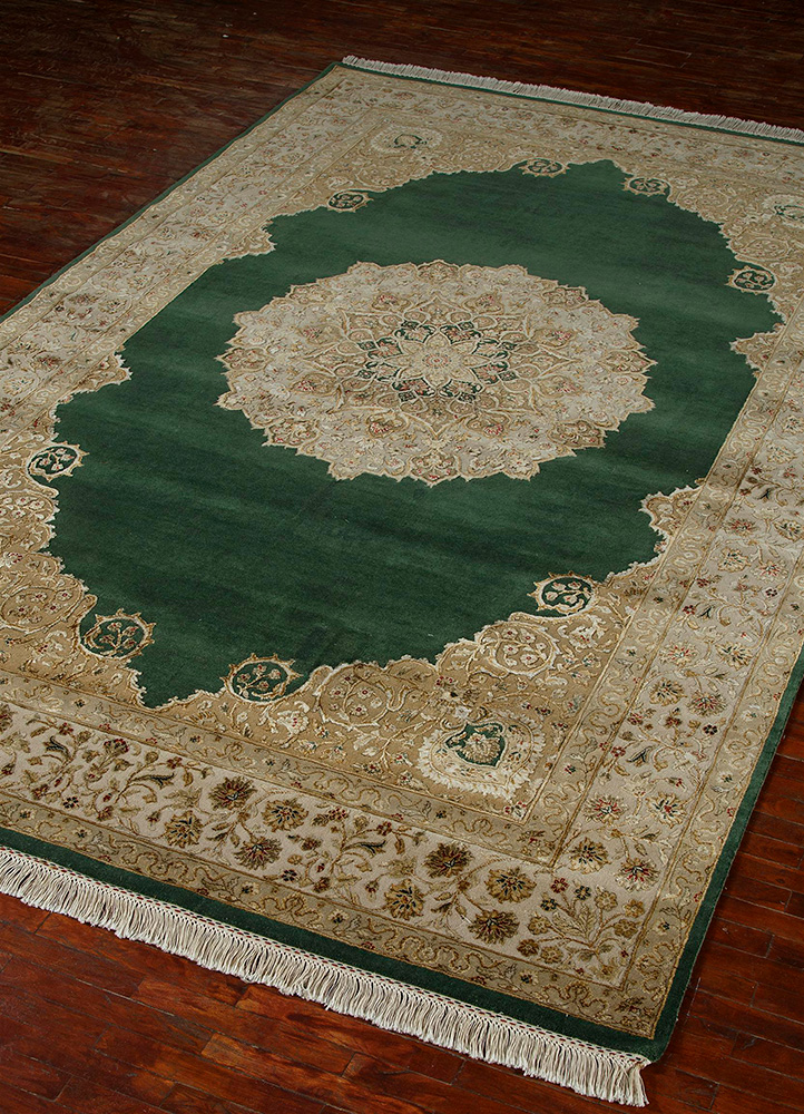 aurora green wool and silk Hand Knotted Rug - FloorShot