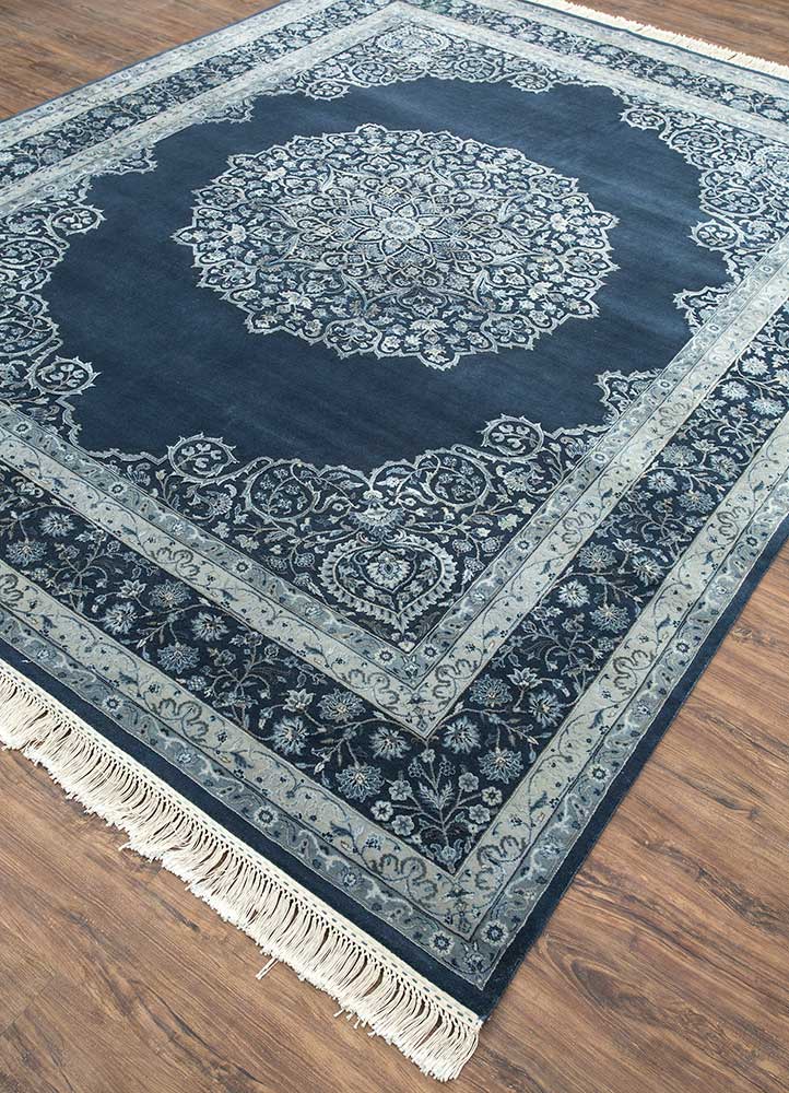 aurora blue wool and silk Hand Knotted Rug - FloorShot