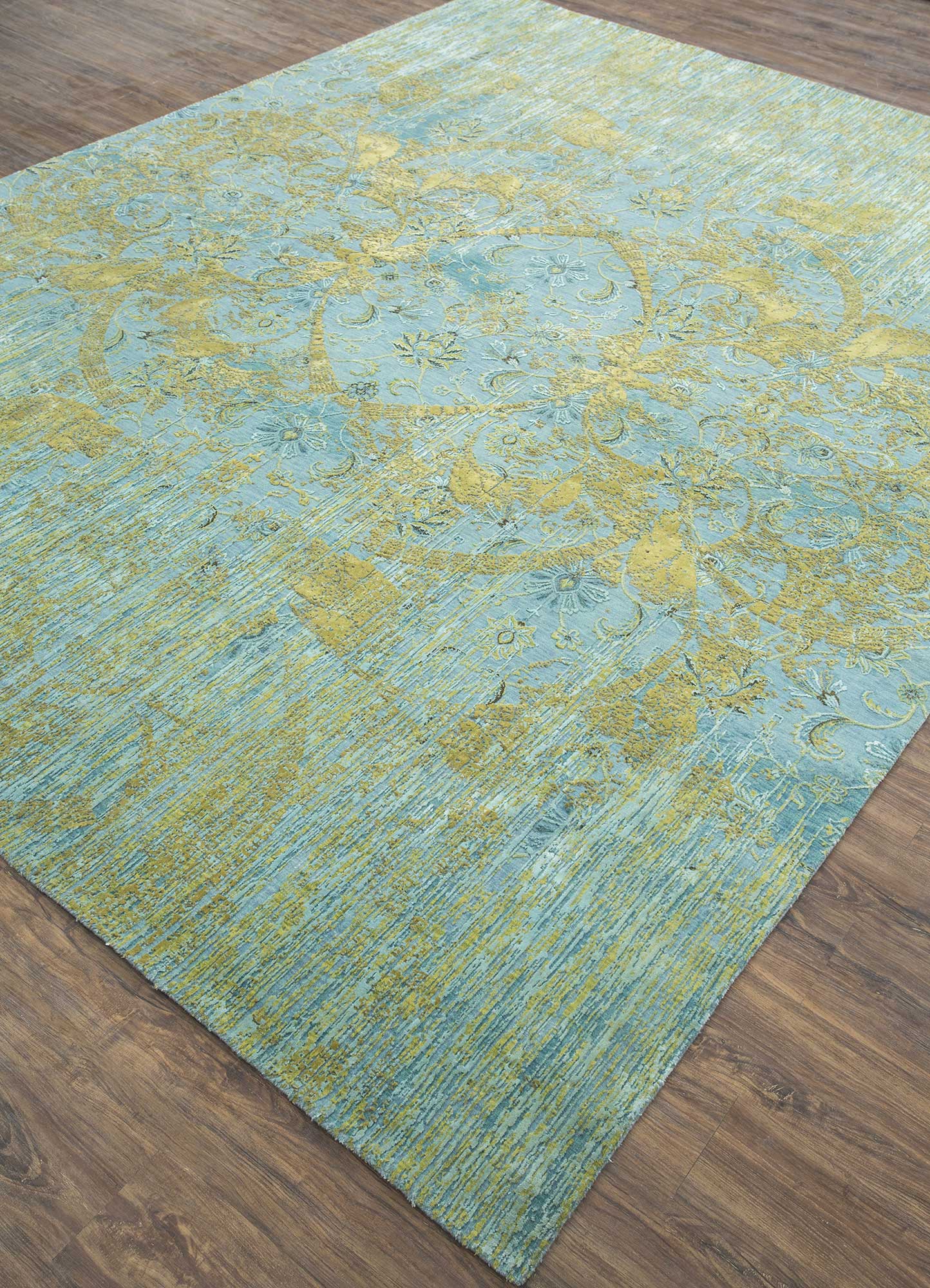 far east blue wool and silk Hand Knotted Rug - FloorShot