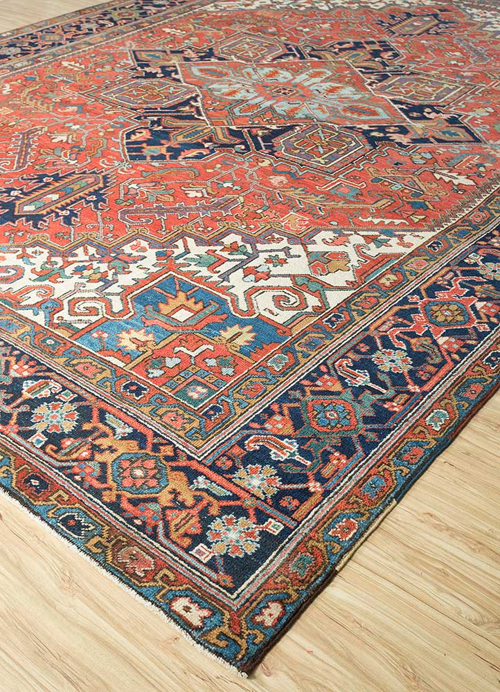 aalam red and orange wool Hand Knotted Rug - FloorShot