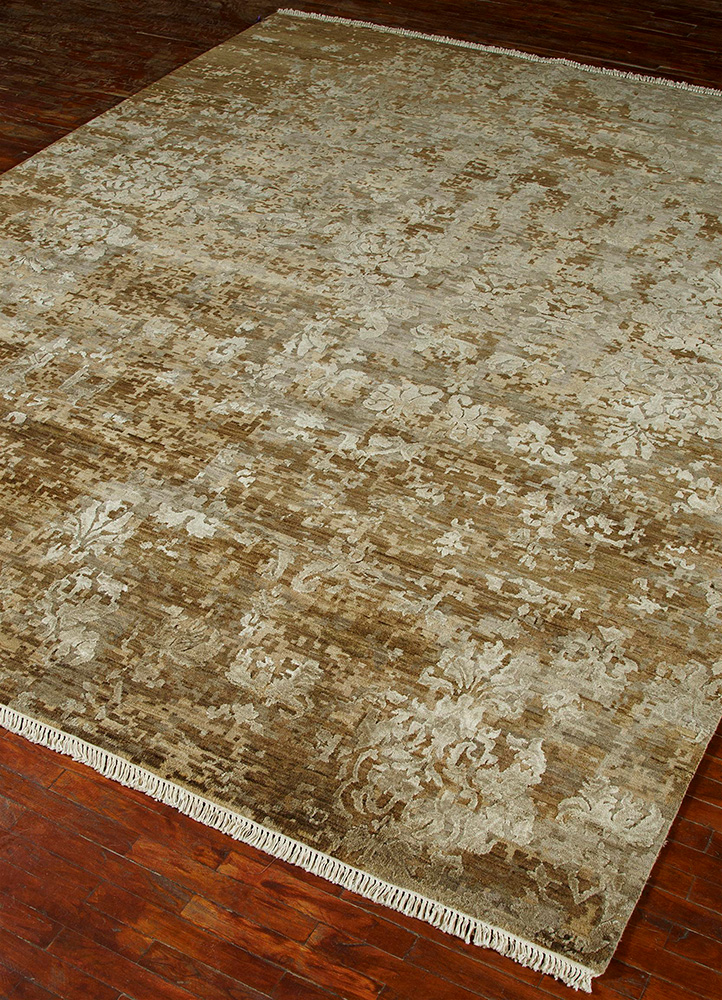 far east beige and brown wool and silk Hand Knotted Rug - FloorShot