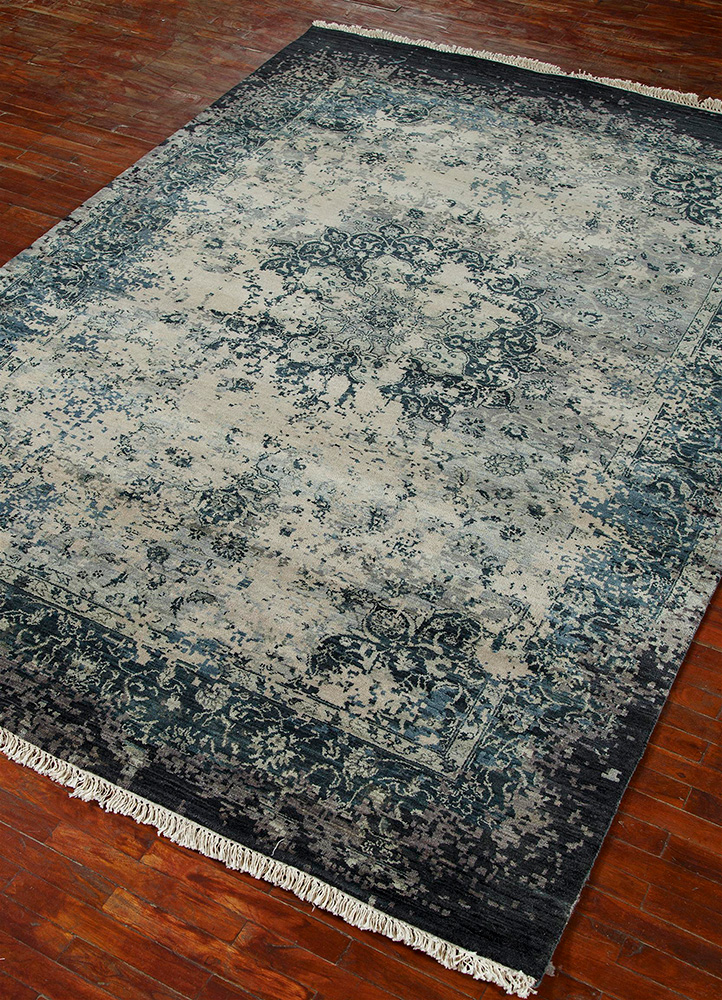 far east blue wool and silk Hand Knotted Rug - FloorShot