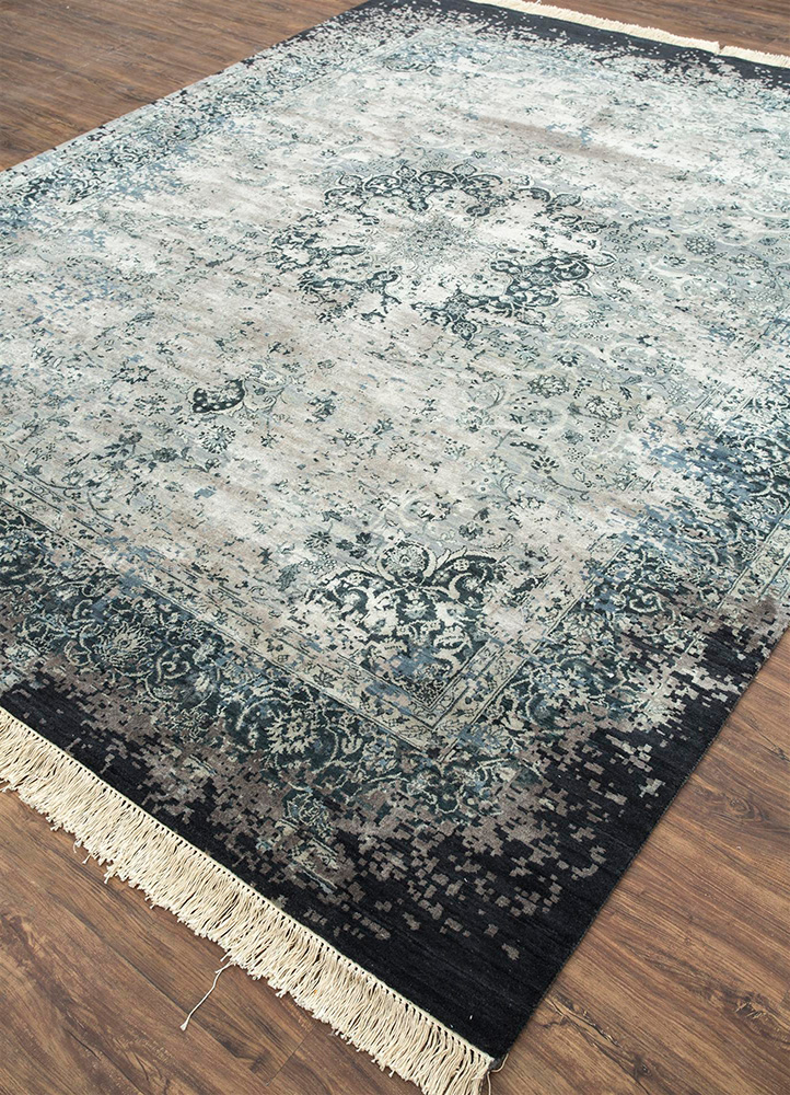 far east blue wool and silk Hand Knotted Rug - FloorShot