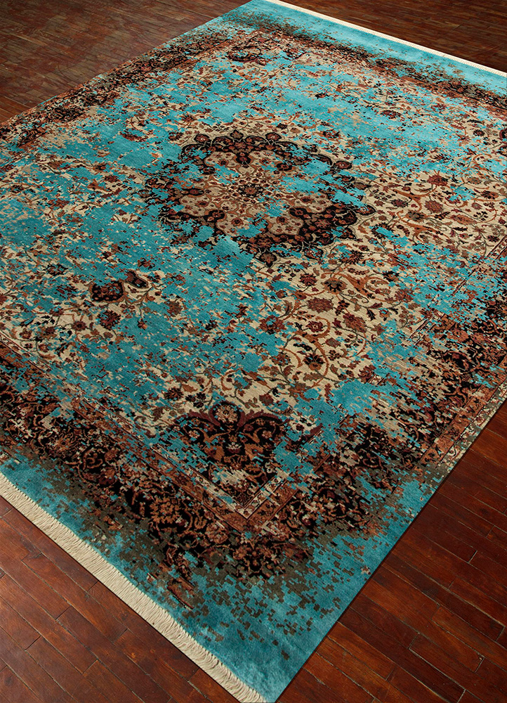 far east blue wool and silk Hand Knotted Rug - FloorShot