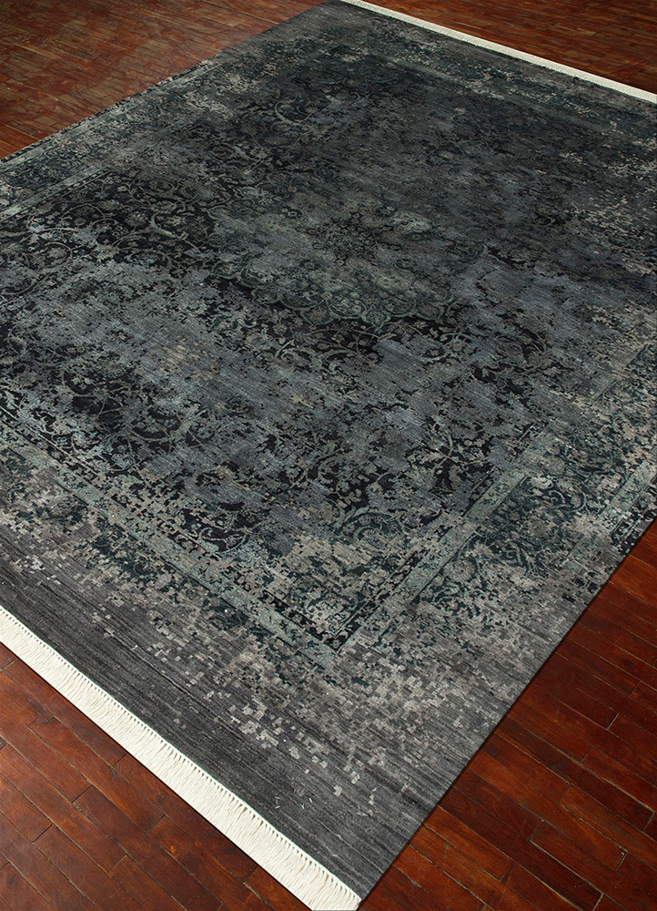 far east grey and black wool and silk Hand Knotted Rug - FloorShot