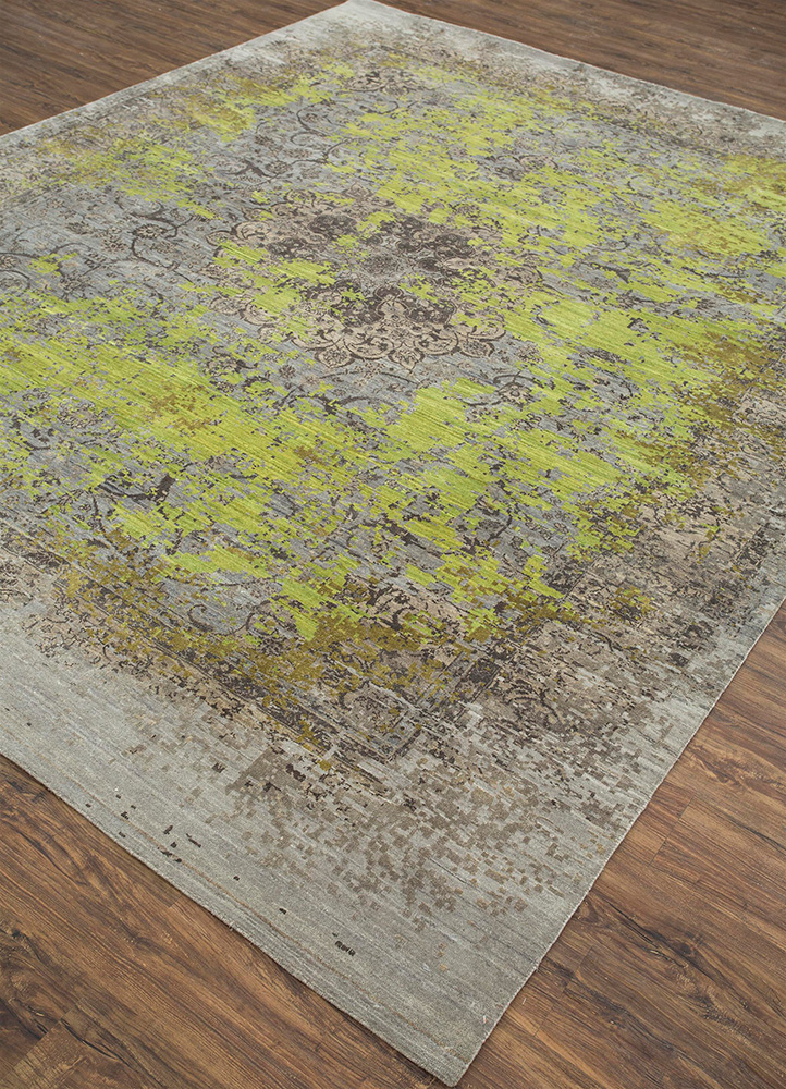 far east green wool and silk Hand Knotted Rug - FloorShot