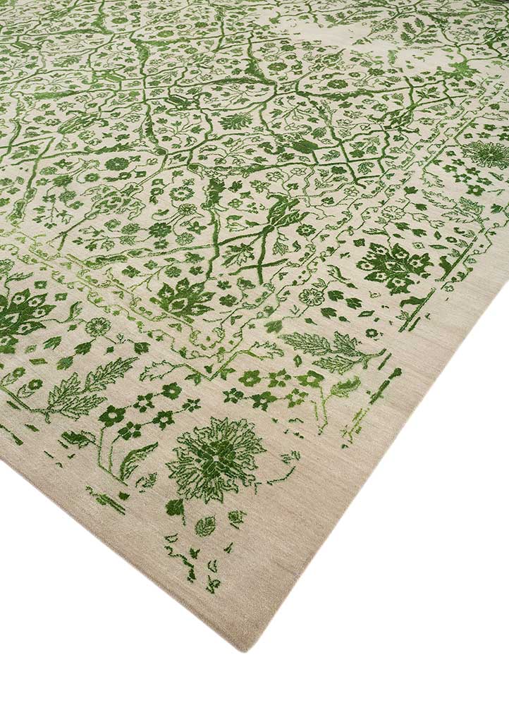 far east green wool and silk Hand Knotted Rug - FloorShot