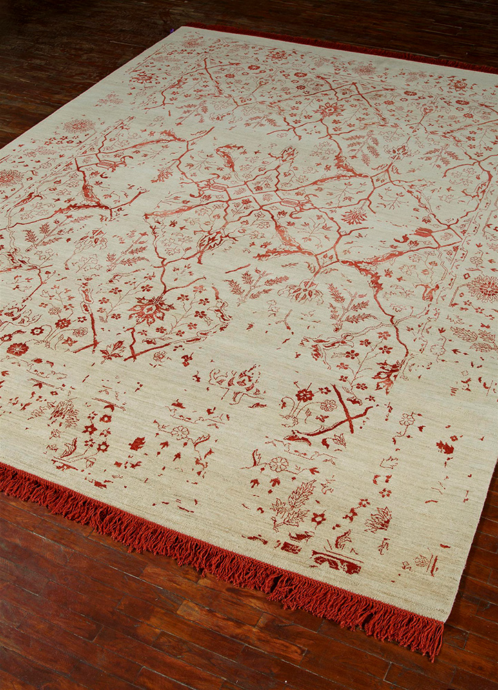 far east red and orange wool and silk Hand Knotted Rug - FloorShot