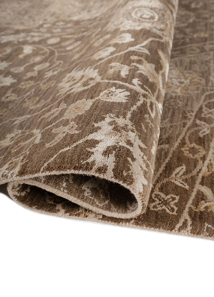 far east beige and brown wool and silk Hand Knotted Rug - FloorShot