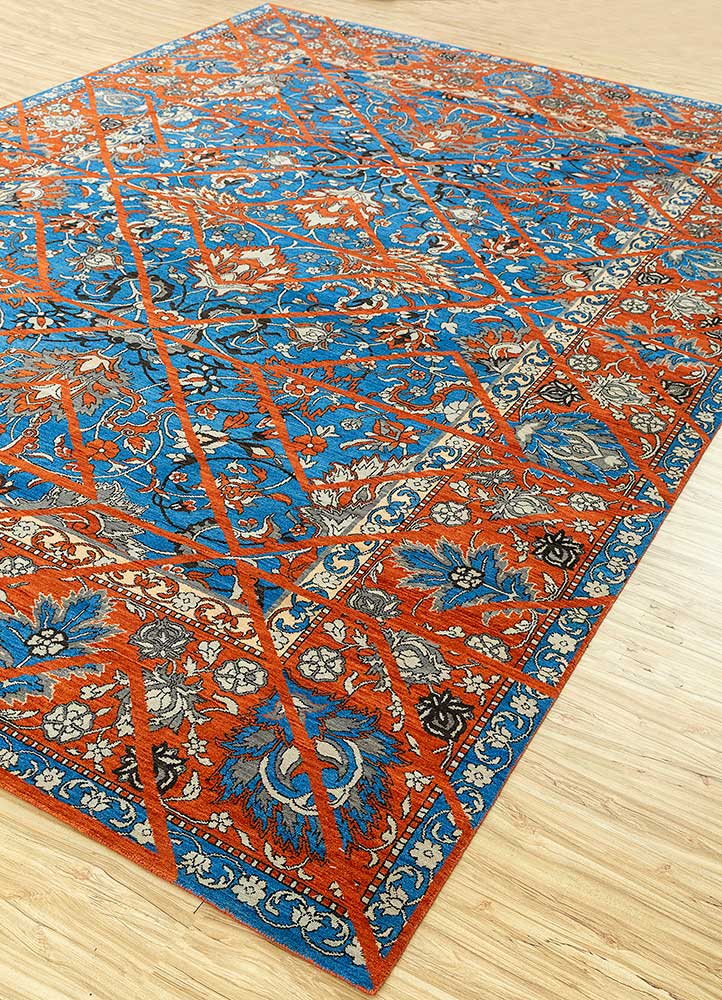 far east blue wool Hand Knotted Rug - FloorShot