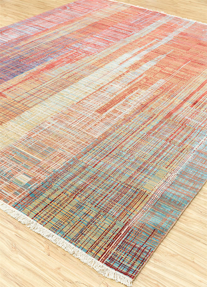 unstring by kavi red and orange wool and bamboo silk Hand Knotted Rug - FloorShot