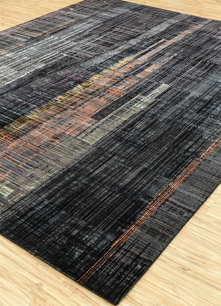 unstring by kavi grey and black wool and bamboo silk Hand Knotted Rug - FloorShot