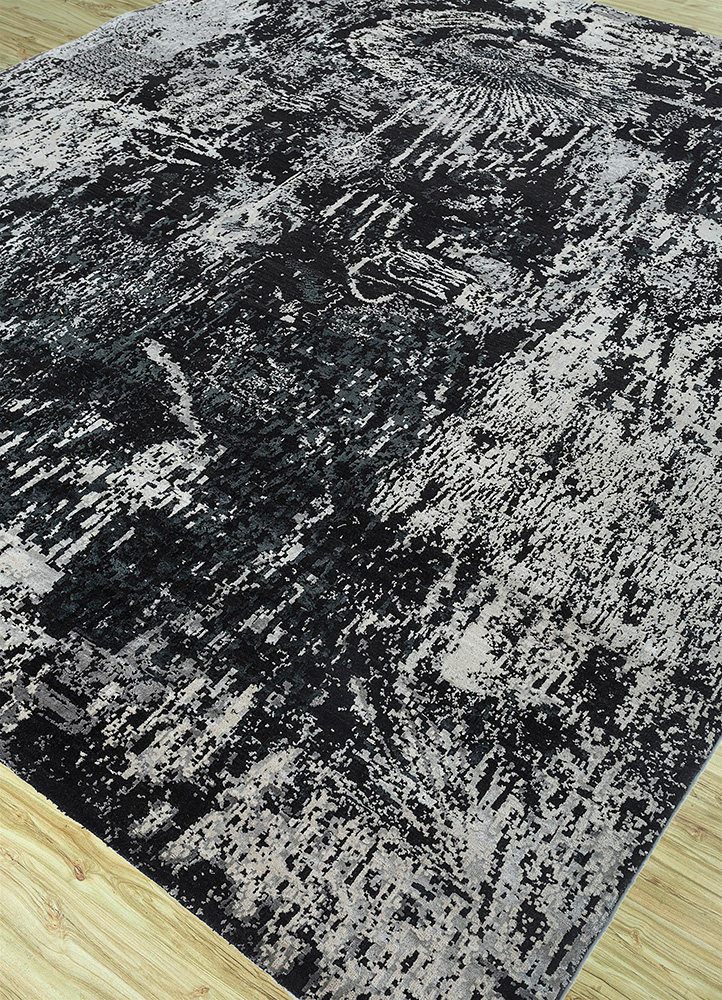unstring by kavi grey and black wool and bamboo silk Hand Knotted Rug - FloorShot