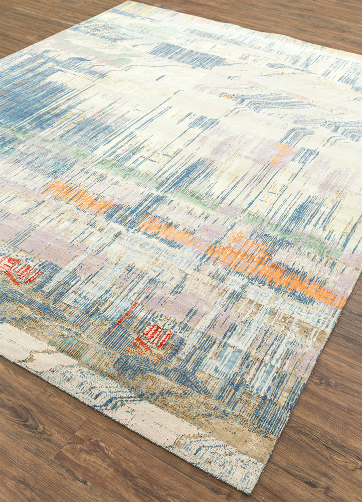 unstring by kavi blue wool and bamboo silk Hand Knotted Rug - FloorShot