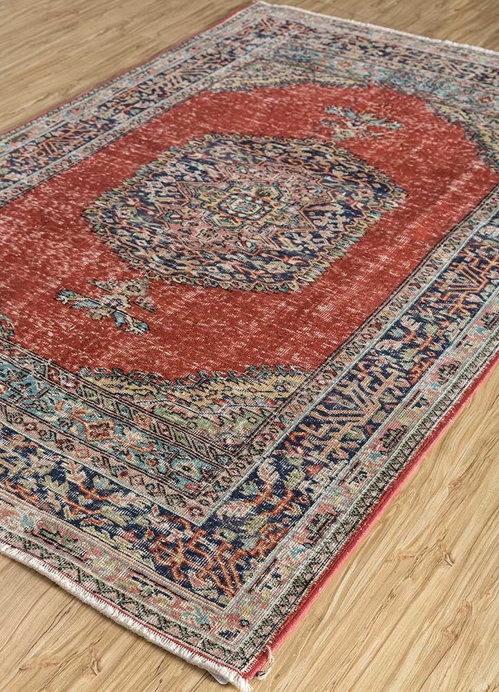 vintage red and orange wool Hand Knotted Rug - FloorShot