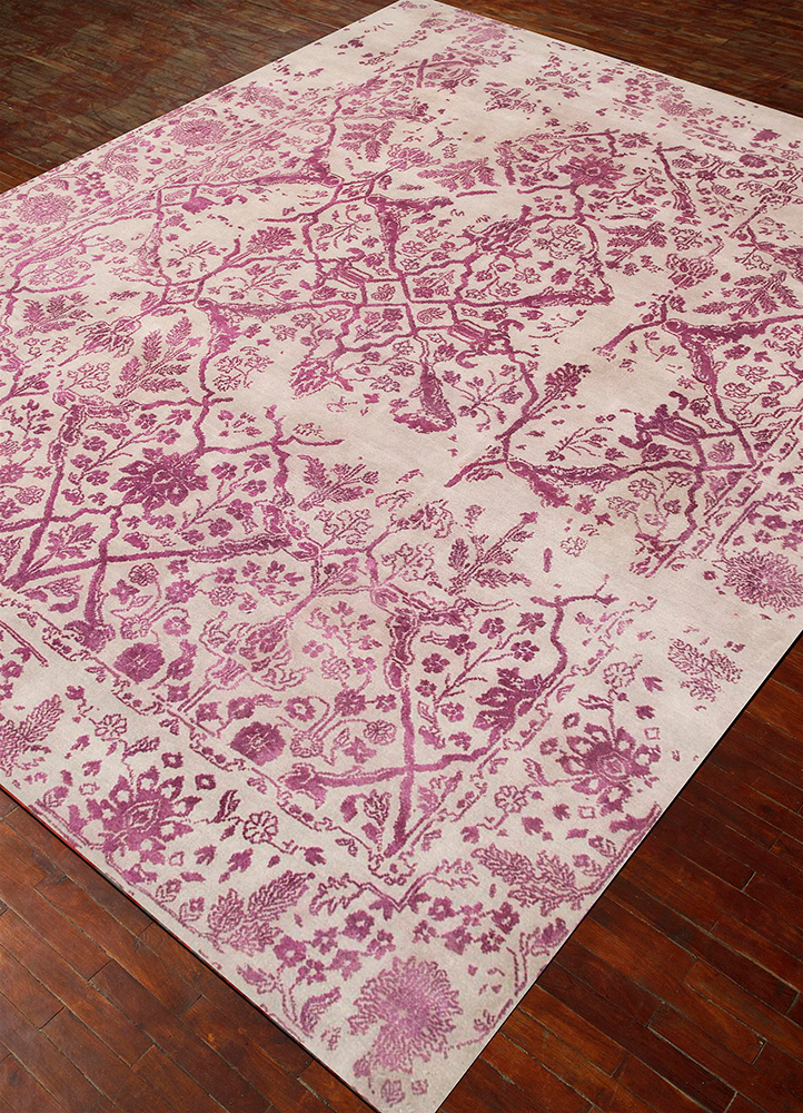 far east pink and purple wool and silk Hand Knotted Rug - FloorShot