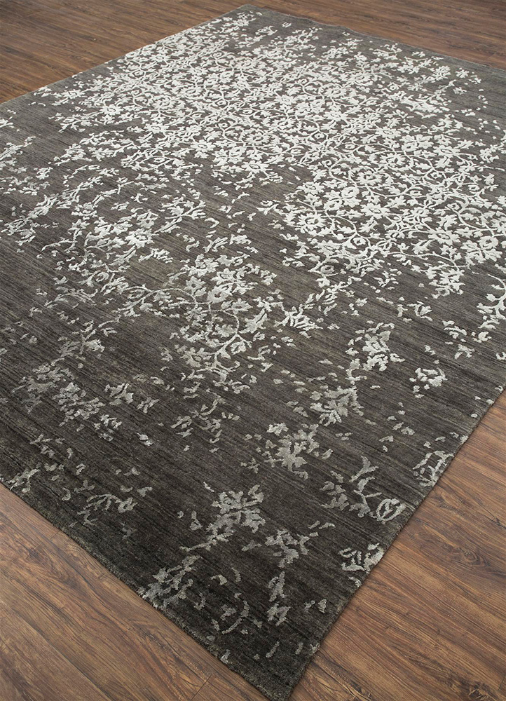 far east grey and black wool and viscose Hand Knotted Rug - FloorShot