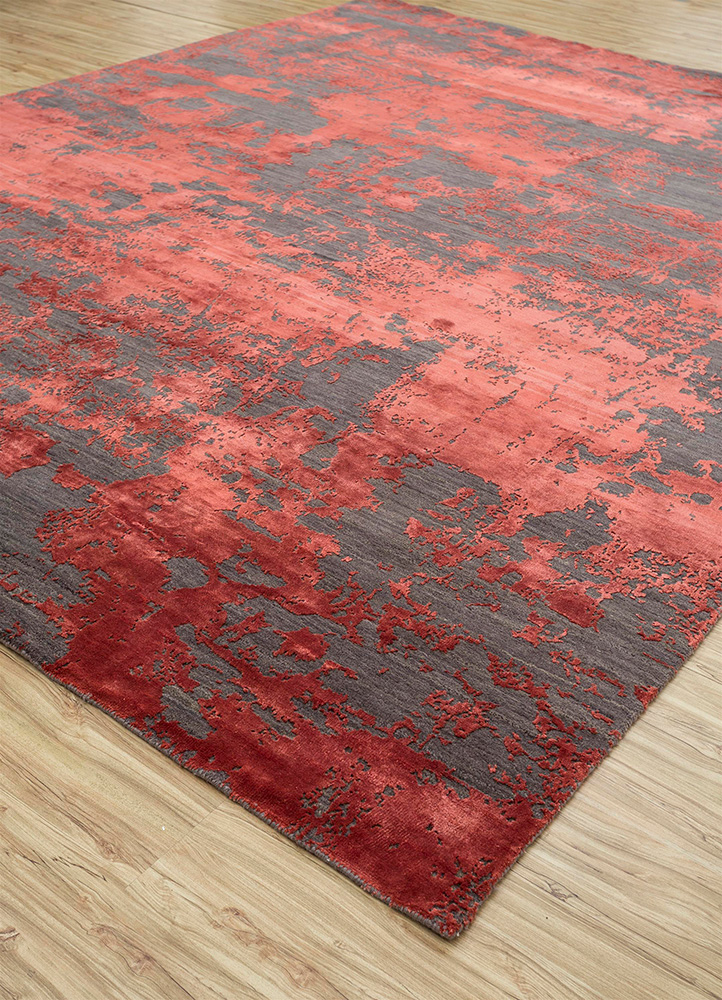 chaos theory by kavi red and orange wool and bamboo silk Hand Knotted Rug - FloorShot