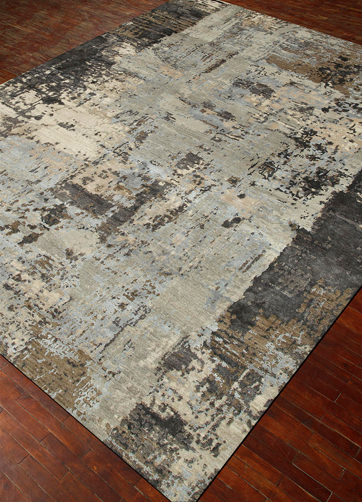 chaos theory by kavi grey and black wool and bamboo silk Hand Knotted Rug - FloorShot