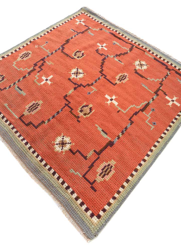 aalam red and orange wool Hand Knotted Rug - FloorShot