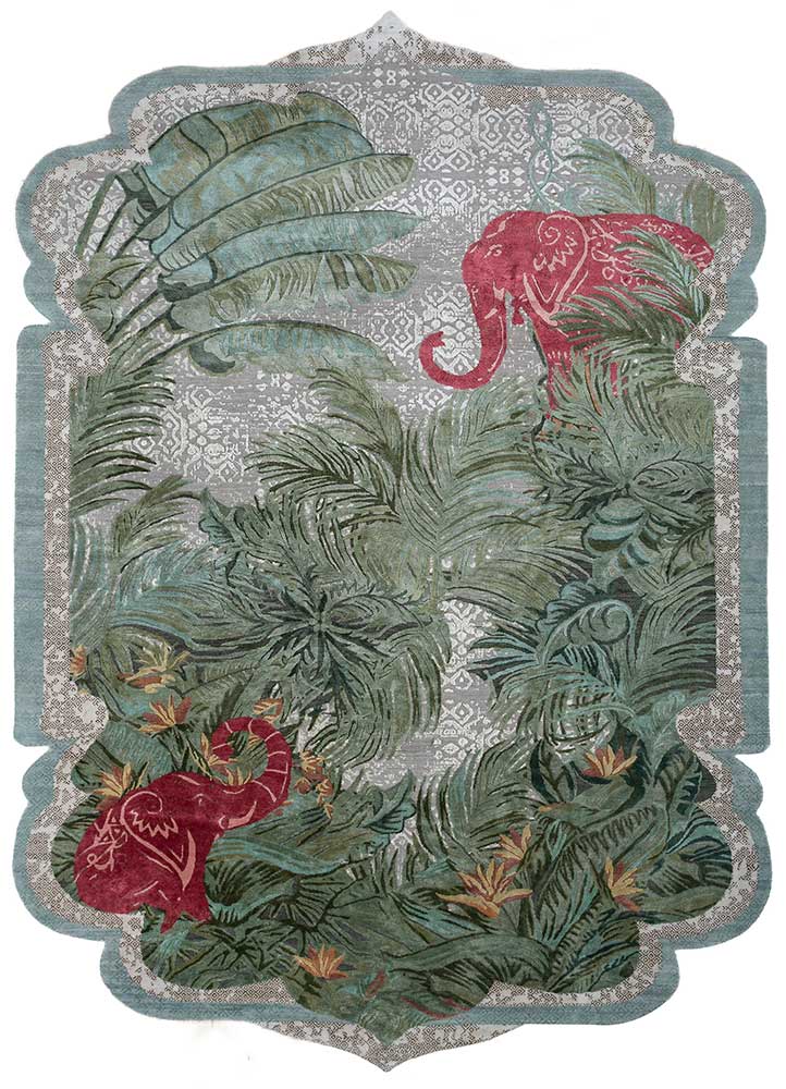 inde rose green wool and silk Hand Knotted Rug - HeadShot