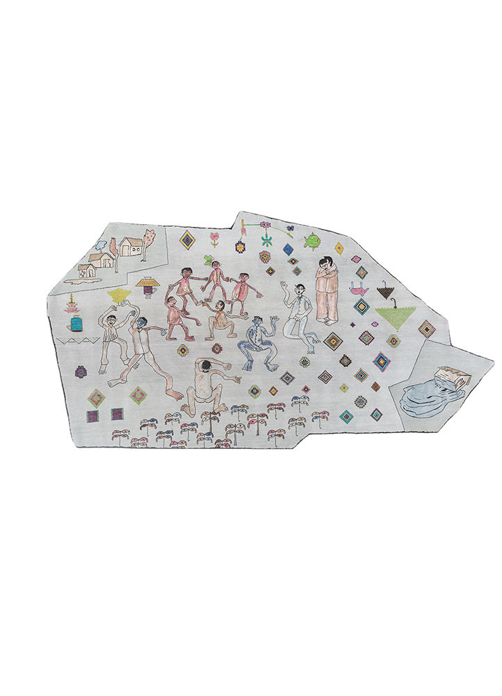 I want to go home by Gurjeet Singh blue wool and bamboo silk Hand Knotted Rug